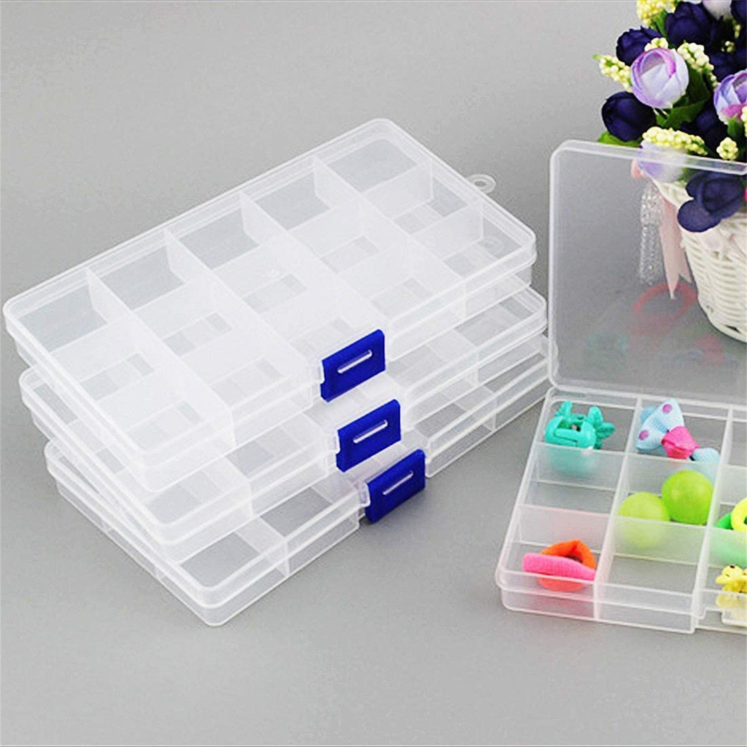 6 Pcs Plastic Jewellery Organizer Box Clear Bead Storage Box with 15 Grids  Adjustable Craft Box Organiser Plastic Storage Case for Beads, Earring,  Screws and Small Craft Items 